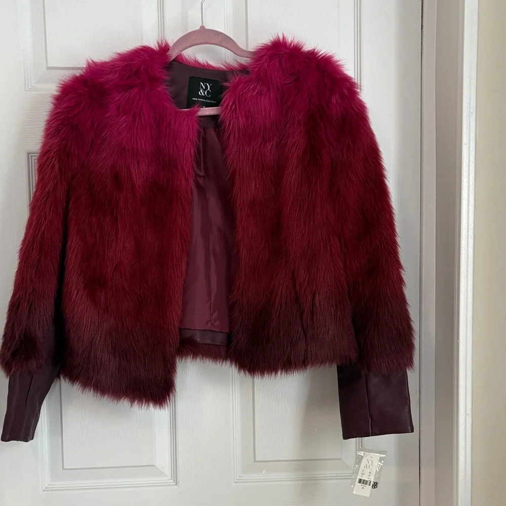 New York & Company Women's Burgundy Faux Fur Jacket with Leather-look Sleeves - Picture 1 of 10